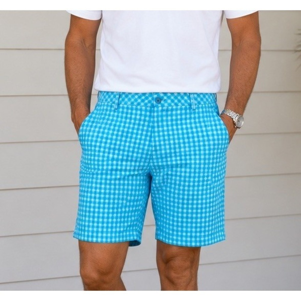 Puma Sport Lifestyle Golf Shorts Men's 34 Aqua Checkered Tech Chino Performance